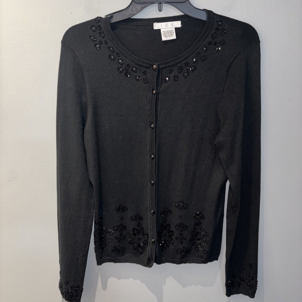 Women's Black Beaded Cardigan‎ Sweater Silk Blend Size M Quiet Luxury Minimalist
